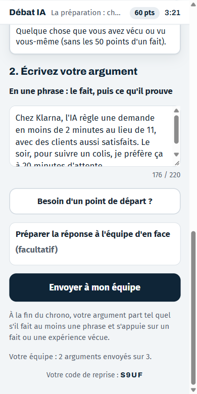 Le téléphone d'un joueur pendant la préparation : il écrit son argument sur le service client, à partir d'un fait sur Klarna.